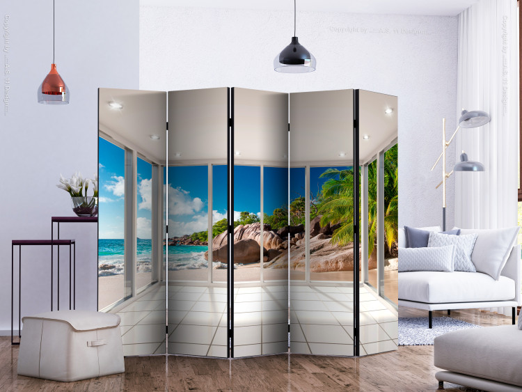 Folding Screen Paradise Illusion II (5-piece) - view from window to beach and rocks in the background 132916 additionalImage 2