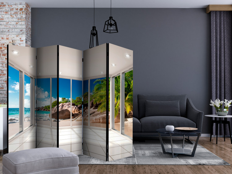 Folding Screen Paradise Illusion II (5-piece) - view from window to beach and rocks in the background 132916 additionalImage 4