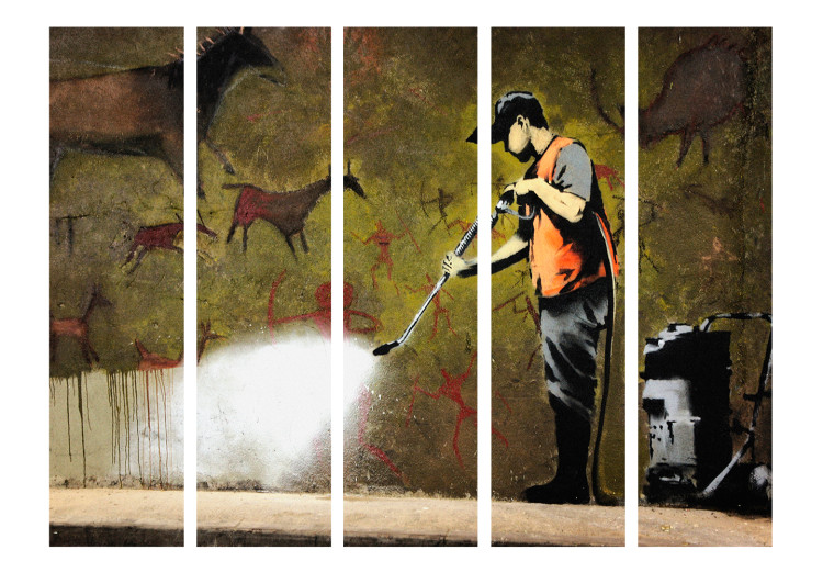 Room Divider Banksy - Cave Painting II (5-piece) - man and graffiti in background 133316 additionalImage 3
