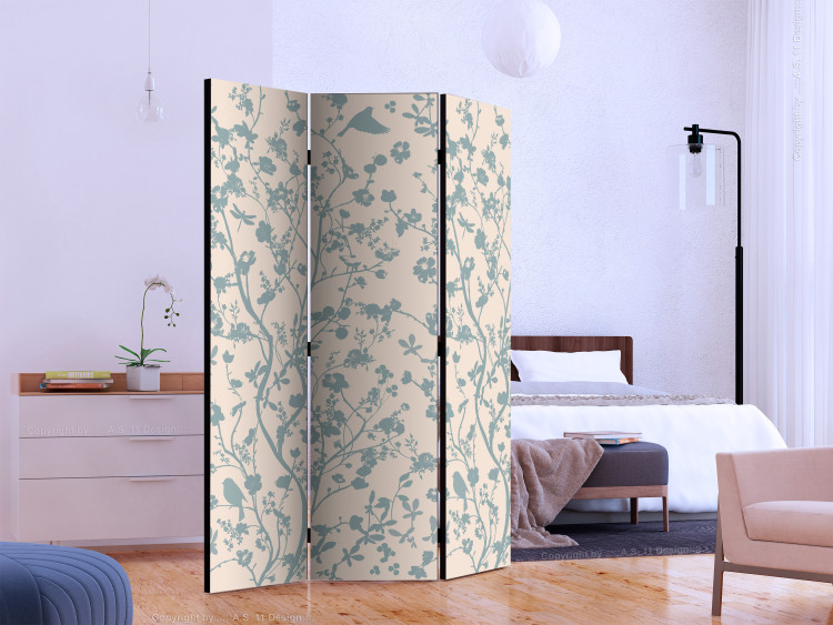 Folding Screen Spring Stir - fanciful pattern of plants and birds on a light background 133916 additionalImage 2