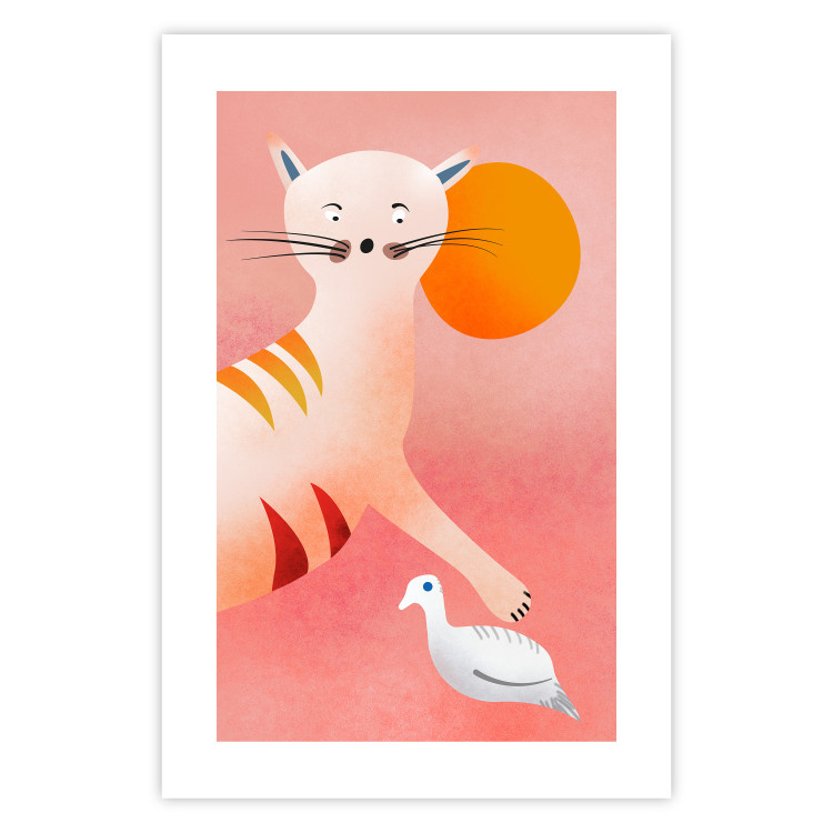 Wall Poster Young Tiger - playful animal touching a bird on a red background 135716 additionalImage 13