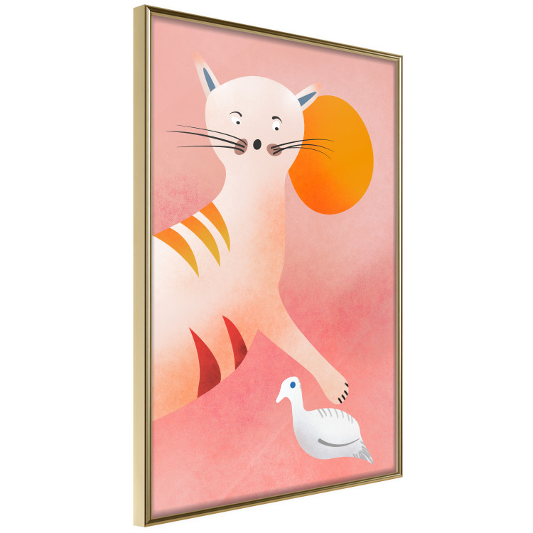 Wall Poster Young Tiger - playful animal touching a bird on a red background 135716 additionalImage 6