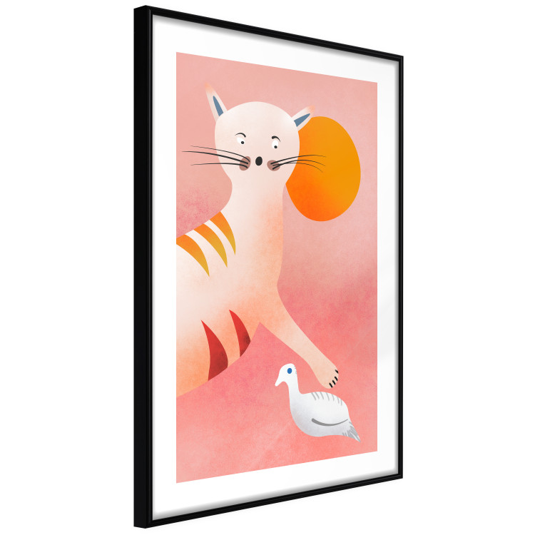 Wall Poster Young Tiger - playful animal touching a bird on a red background 135716 additionalImage 3