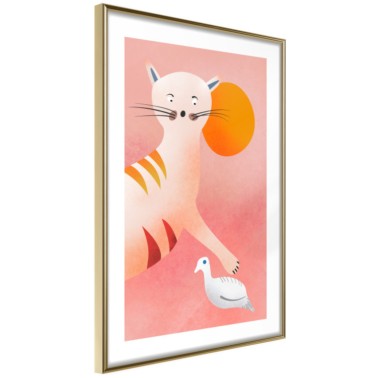 Wall Poster Young Tiger - playful animal touching a bird on a red background 135716 additionalImage 2