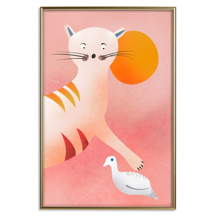 Wall Poster Young Tiger - playful animal touching a bird on a red background 135716 additionalImage 11