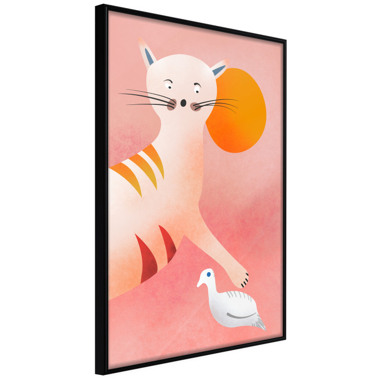 Wall Poster Young Tiger - playful animal touching a bird on a red background 135716 additionalImage 4