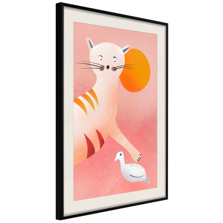Wall Poster Young Tiger - playful animal touching a bird on a red background 135716 additionalImage 10