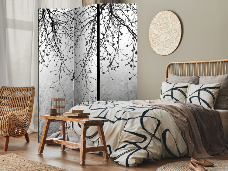 Folding Screen Natural Brightness (3-piece) - Black and white composition in plants 136116 additionalImage 4