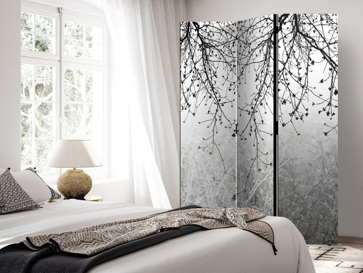 Folding Screen Natural Brightness (3-piece) - Black and white composition in plants 136116 additionalImage 2