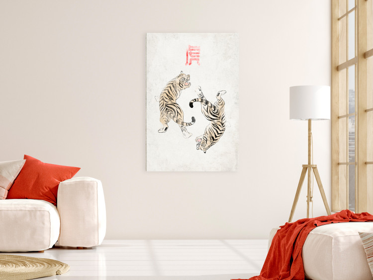 Canvas Art Print Tiger Dance (1-piece) Vertical - two wild cats on a light background 142416 additionalImage 3
