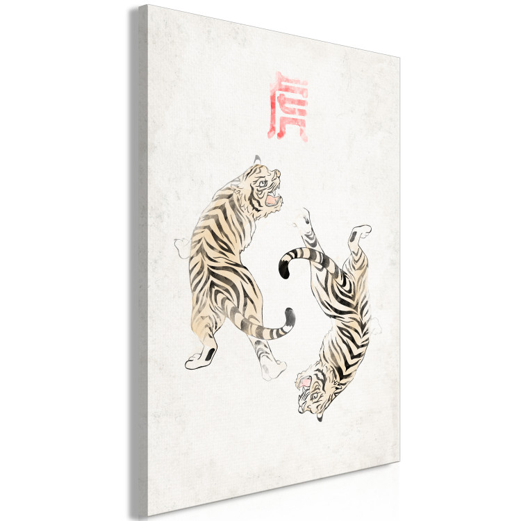 Canvas Art Print Tiger Dance (1-piece) Vertical - two wild cats on a light background 142416 additionalImage 2