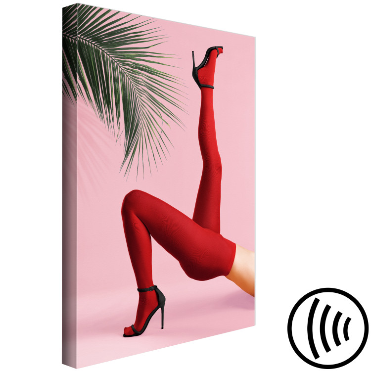 Canvas Art Print Red Tights (1-piece) - female legs against a green palm tree background 144116 additionalImage 6