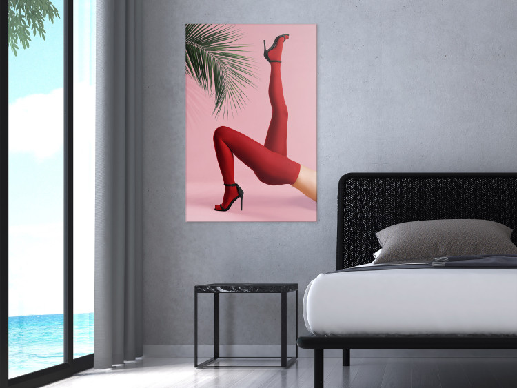 Canvas Art Print Red Tights (1-piece) - female legs against a green palm tree background 144116 additionalImage 3
