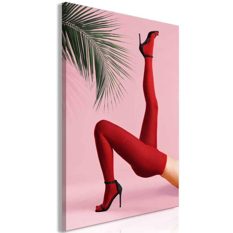 Canvas Art Print Red Tights (1-piece) - female legs against a green palm tree background 144116 additionalImage 2
