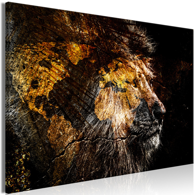 Canvas Golden Lion (1-piece) - portrait of a wild animal and world map 148816 additionalImage 2