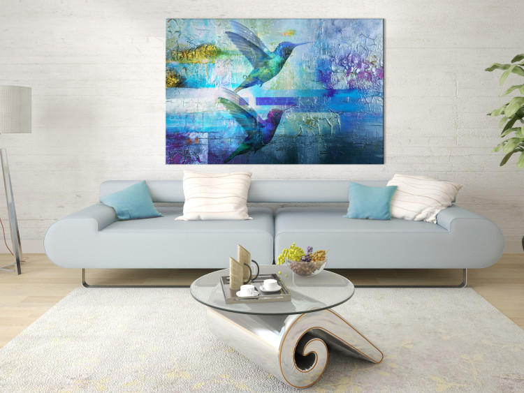 Canvas Print Hummingbirds in Flight (1-piece) - blue abstraction with flying birds 148916 additionalImage 3