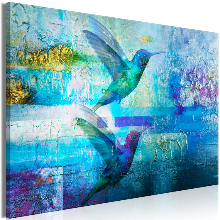 Canvas Print Hummingbirds in Flight (1-piece) - blue abstraction with flying birds 148916 additionalImage 2