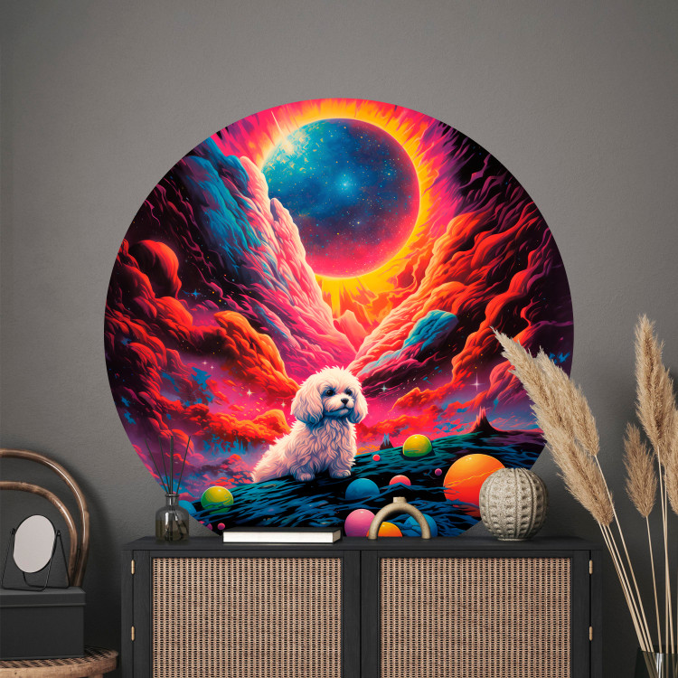 Round wallpaper Galactic Poodle - Sitting Shaggy Dog Against the Background of Space and Planets 151616