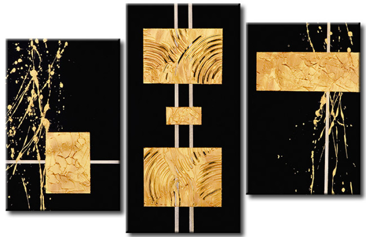 Canvas Art Print Abstraction (3-piece) - Golden geometric figures on a black background 48016