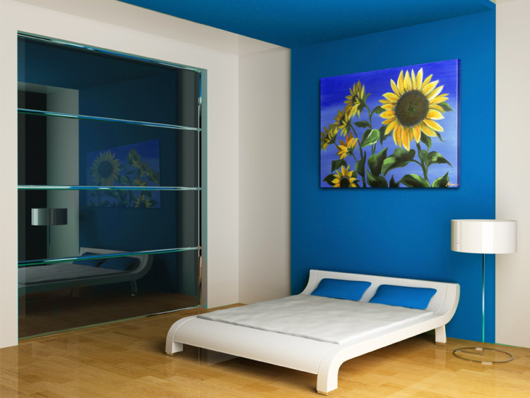 Canvas Print Summer Nature (1-piece) - Splendid sunflowers on a blue background 48616 additionalImage 2