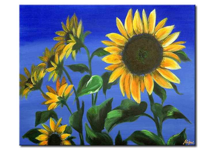 Canvas Print Summer Nature (1-piece) - Splendid sunflowers on a blue background 48616