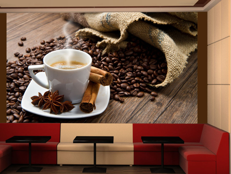 Wall Mural Morning - Cup of Hot Coffee on a Brown Background with Spices 59816