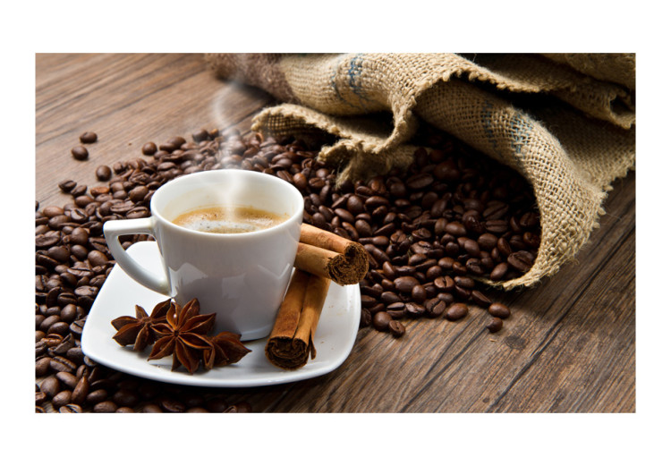 Wall Mural Morning - Cup of Hot Coffee on a Brown Background with Spices 59816 additionalImage 1
