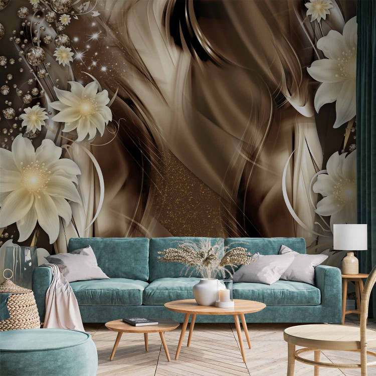 Photo Wallpaper White luminous flowers with pattern - brown abstract background with waves 64316