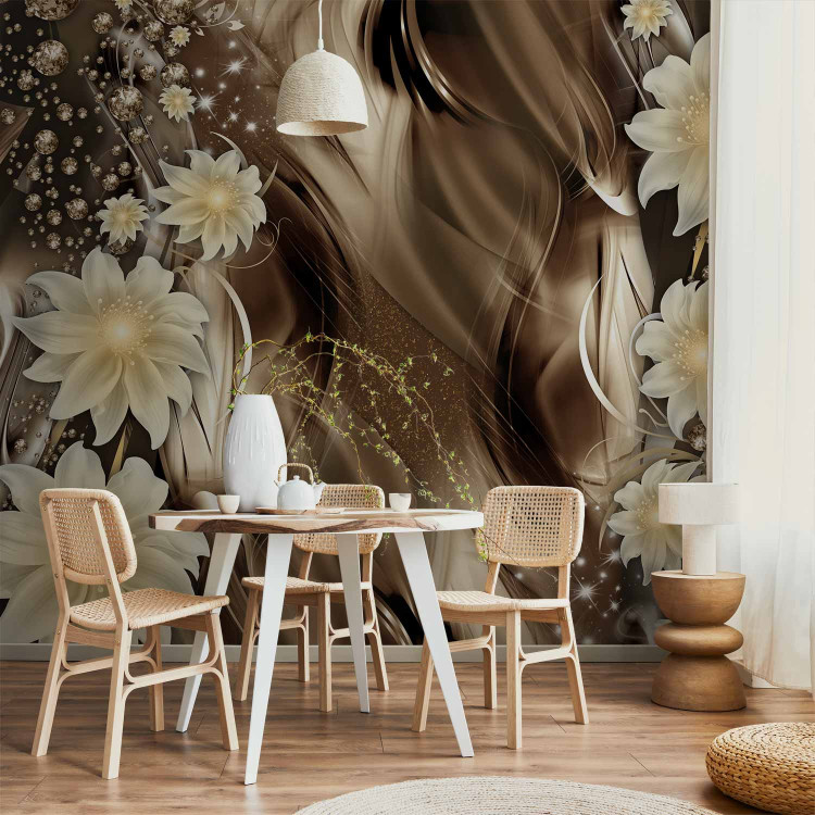 Photo Wallpaper White luminous flowers with pattern - brown abstract background with waves 64316 additionalImage 6