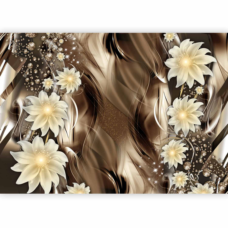 Photo Wallpaper White luminous flowers with pattern - brown abstract background with waves 64316 additionalImage 1