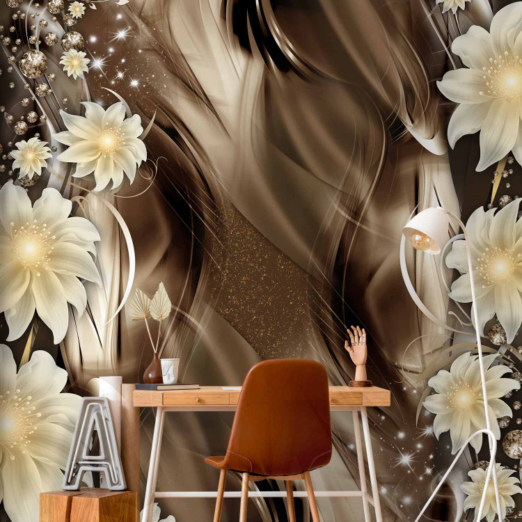 Photo Wallpaper White luminous flowers with pattern - brown abstract background with waves 64316 additionalImage 4