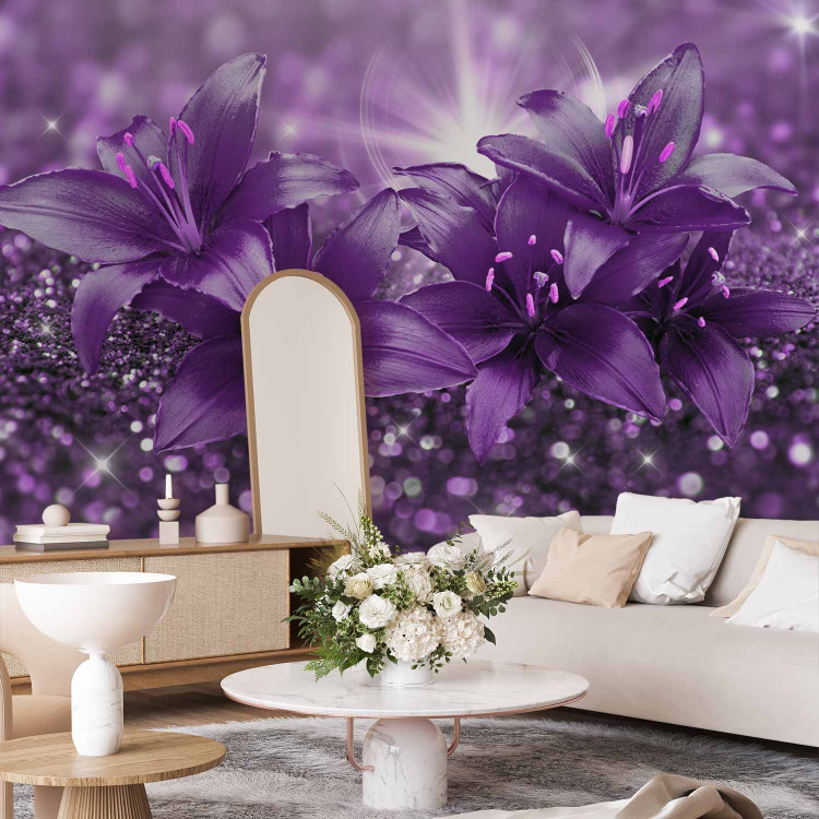 Wall Mural Gems of nature - lily flowers in a purple composition with sparkle 90316