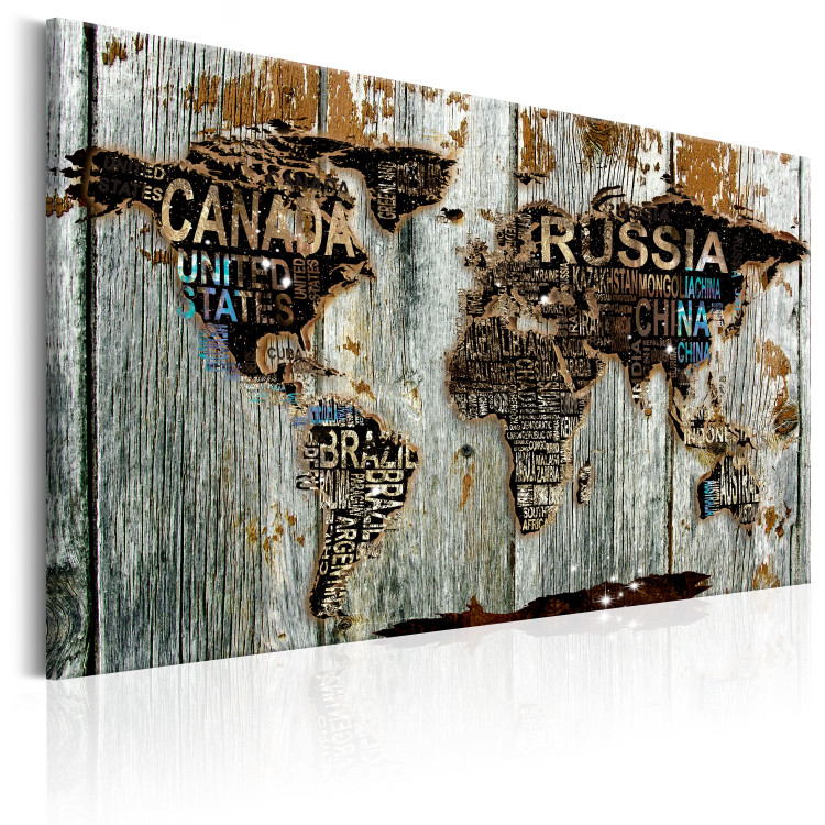 Canvas Art Print Wooden Boundary (1-piece) - World Map with Wooden Texts 93816 additionalImage 2
