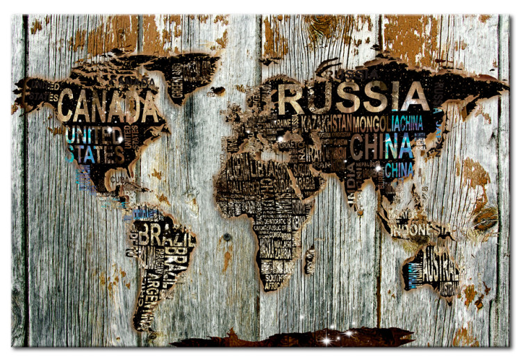 Canvas Art Print Wooden Boundary (1-piece) - World Map with Wooden Texts 93816