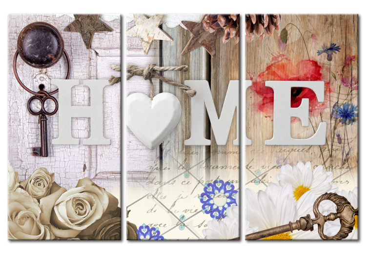 Canvas Floral Home (3-part) - Text on Colorful Retro Wood Background 94916