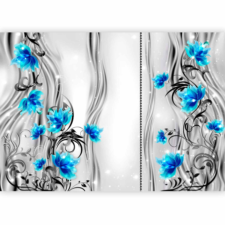 Photo Wallpaper Blossoming turquoise - blue flowers on a background with glittering ornaments 97116 additionalImage 1