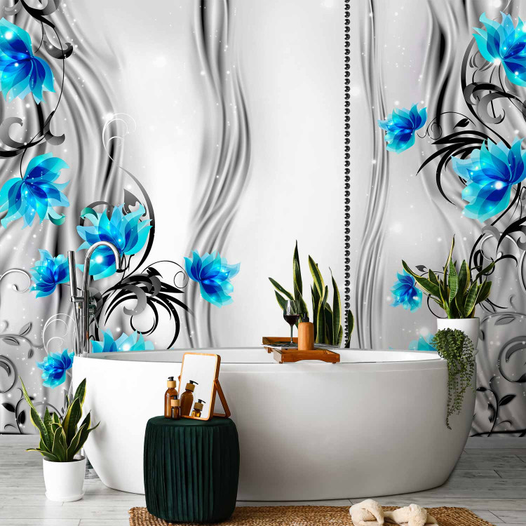 Photo Wallpaper Blossoming turquoise - blue flowers on a background with glittering ornaments 97116 additionalImage 8