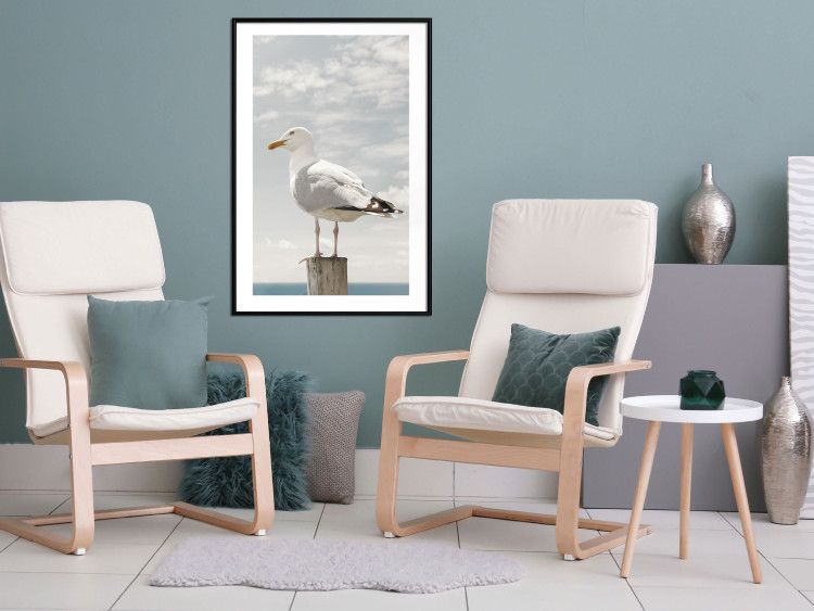 Poster Seagull - water bird sitting on a pier with sea and cloudy sky in the background 117026 additionalImage 4