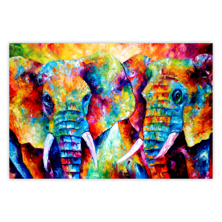 Wall Poster Elephant Pair - abstract animals on a colorful background in a watercolor style 127326