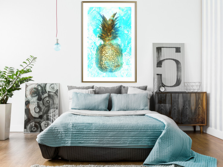 Poster Precious Fruit - tropical pineapple in golden color on a blue background 131826 additionalImage 13