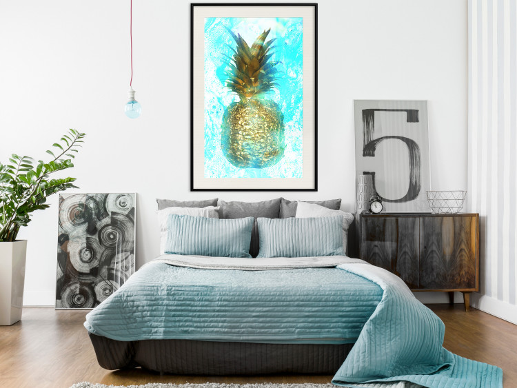 Poster Precious Fruit - tropical pineapple in golden color on a blue background 131826 additionalImage 24