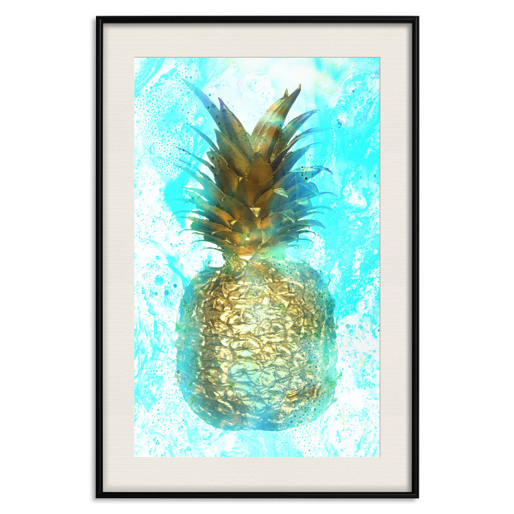 Poster Precious Fruit - tropical pineapple in golden color on a blue background 131826 additionalImage 19