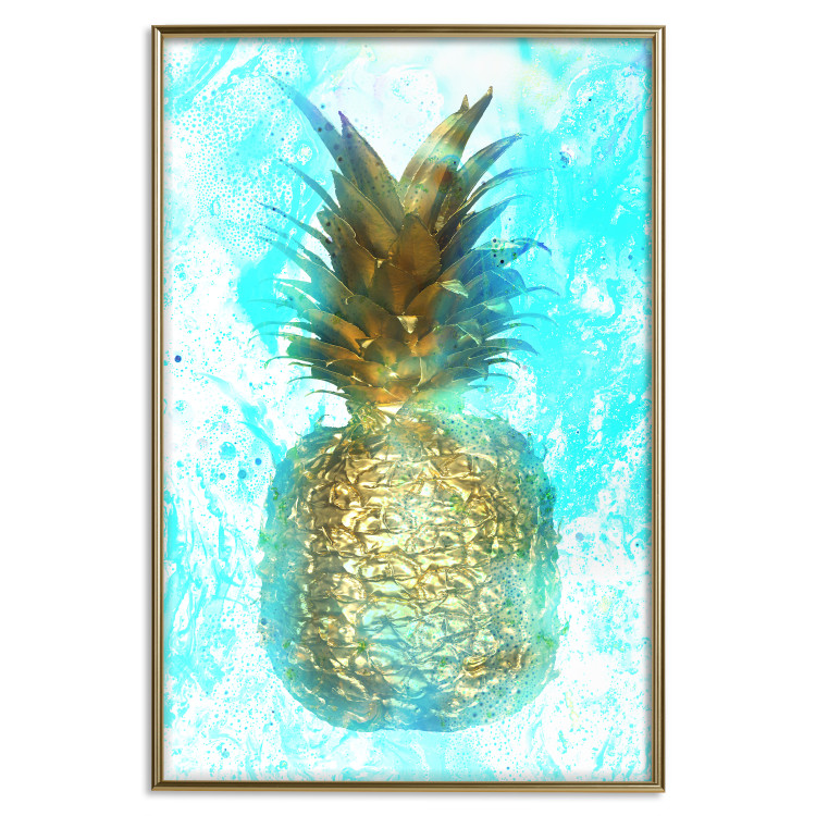 Poster Precious Fruit - tropical pineapple in golden color on a blue background 131826 additionalImage 21