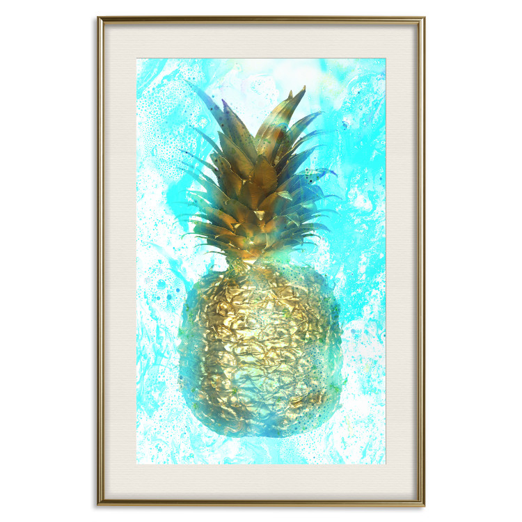 Poster Precious Fruit - tropical pineapple in golden color on a blue background 131826 additionalImage 20