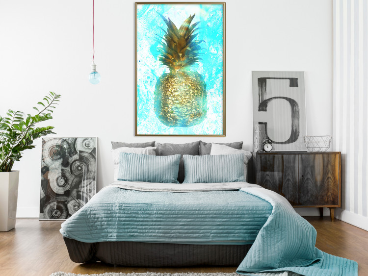 Poster Precious Fruit - tropical pineapple in golden color on a blue background 131826 additionalImage 7