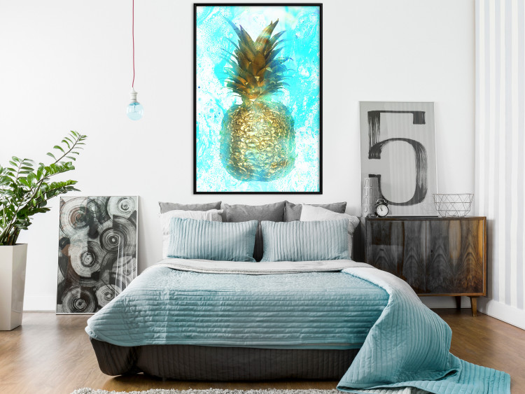 Poster Precious Fruit - tropical pineapple in golden color on a blue background 131826 additionalImage 4