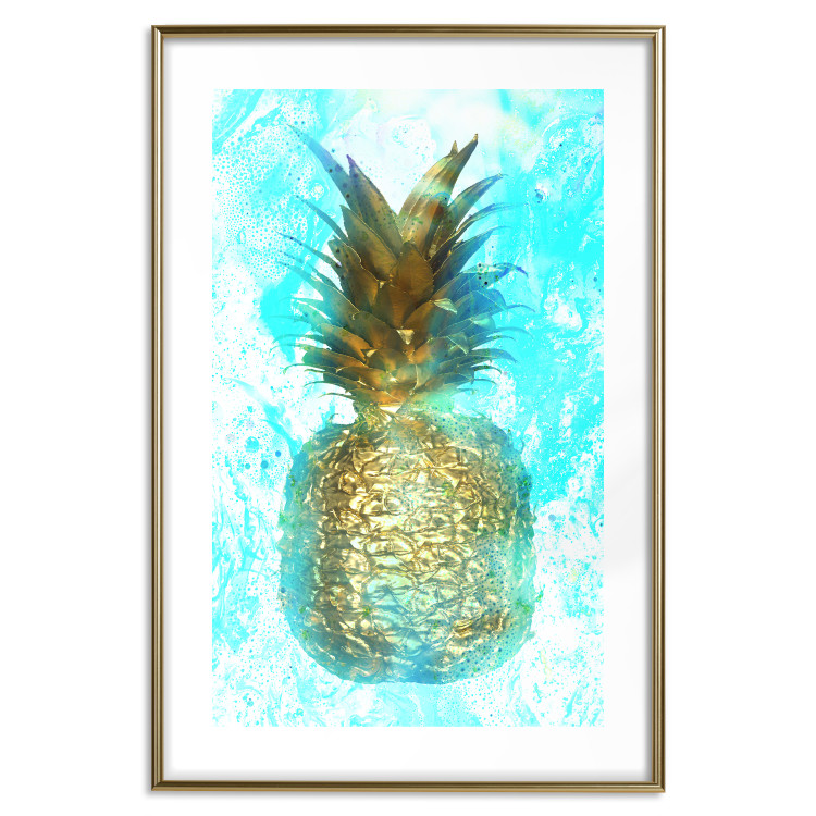 Poster Precious Fruit - tropical pineapple in golden color on a blue background 131826 additionalImage 16