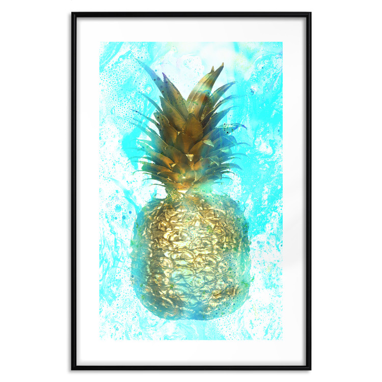 Poster Precious Fruit - tropical pineapple in golden color on a blue background 131826 additionalImage 17