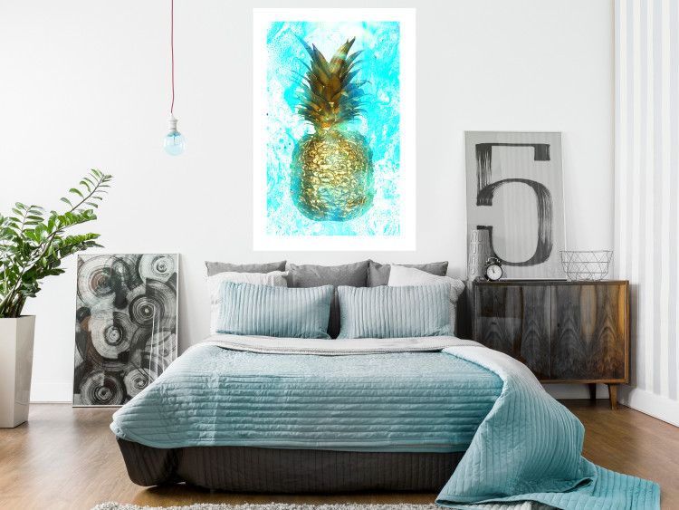 Poster Precious Fruit - tropical pineapple in golden color on a blue background 131826 additionalImage 5