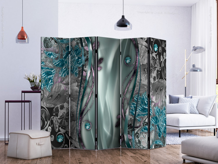 Room Divider Flowery Curtain (Turquoise) II (5-piece) - floral ornaments 132726 additionalImage 2